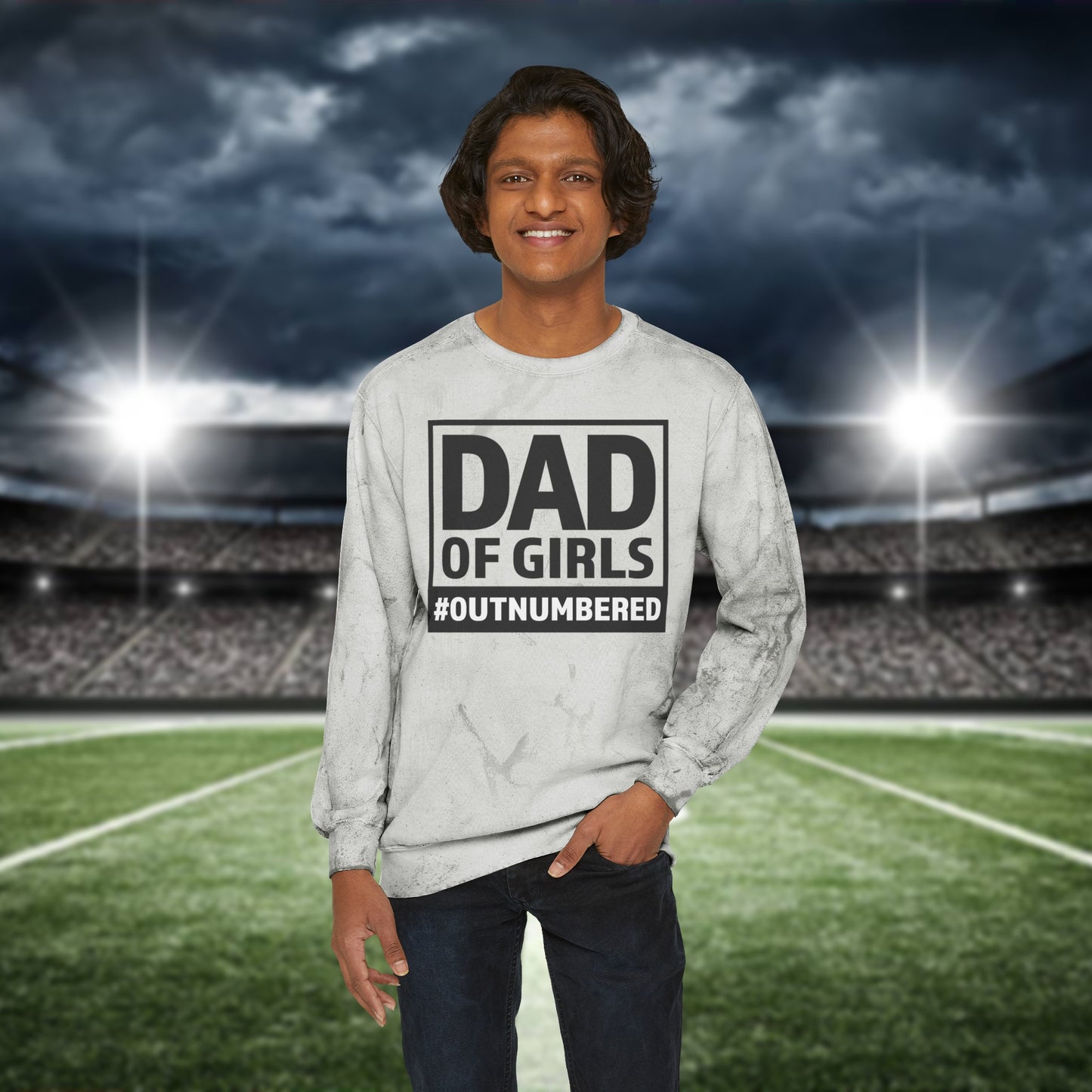 Dad of Girls, Outnumbered Color Blast Crewneck Sweatshirt