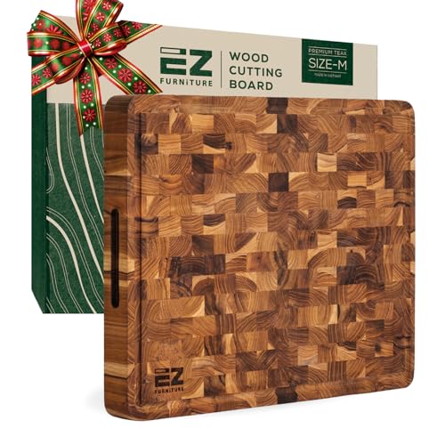 17x13 Inch Teak Cutting Board End Grain Cutting Board with Juice Groove and Handles Wooden Cutting Boards for Kitchen Wooden Chopping Board for Meat Vegetables Fruit