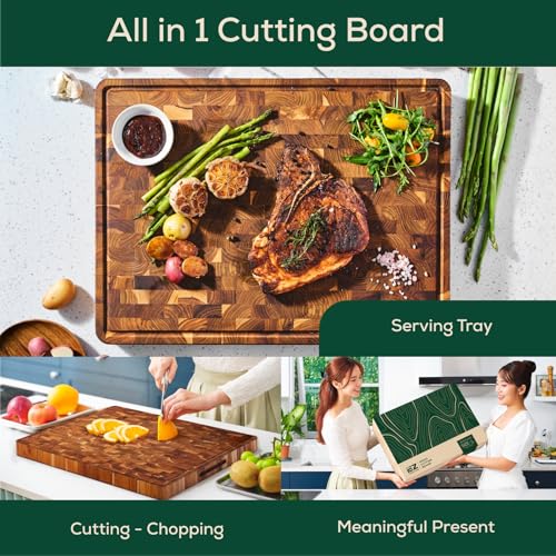 17x13 Inch Teak Cutting Board End Grain Cutting Board with Juice Groove and Handles Wooden Cutting Boards for Kitchen Wooden Chopping Board for Meat Vegetables Fruit