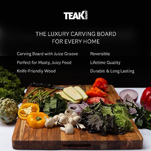 Teakhaus Cutting Board Large L Wood Cutting Board with Grip Handles Reversible Teak Edge Grain Wood Knife Friendly FSC Certified
