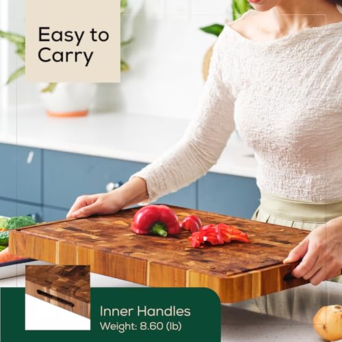 17x13 Inch Teak Cutting Board End Grain Cutting Board with Juice Groove and Handles Wooden Cutting Boards for Kitchen Wooden Chopping Board for Meat Vegetables Fruit