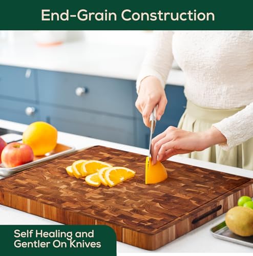 17x13 Inch Teak Cutting Board End Grain Cutting Board with Juice Groove and Handles Wooden Cutting Boards for Kitchen Wooden Chopping Board for Meat Vegetables Fruit