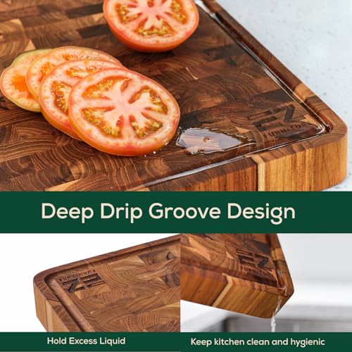 17x13 Inch Teak Cutting Board End Grain Cutting Board with Juice Groove and Handles Wooden Cutting Boards for Kitchen Wooden Chopping Board for Meat Vegetables Fruit