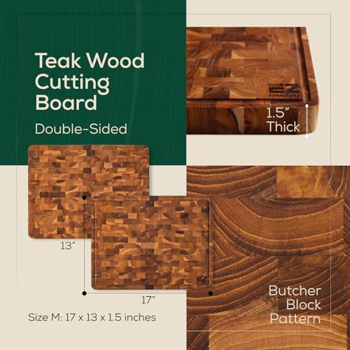 17x13 Inch Teak Cutting Board End Grain Cutting Board with Juice Groove and Handles Wooden Cutting Boards for Kitchen Wooden Chopping Board for Meat Vegetables Fruit